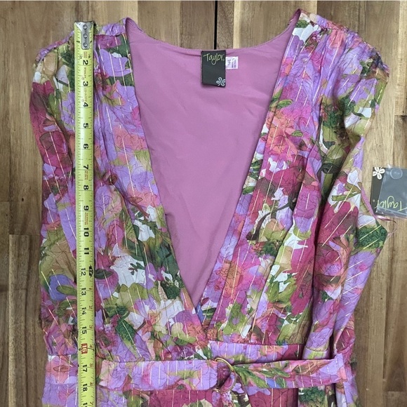Taylor Pink Lilac Floral Sleeveless Maxi Wrap Dress Gold Metallic Stripe Size 16 - Picture 13 of 14